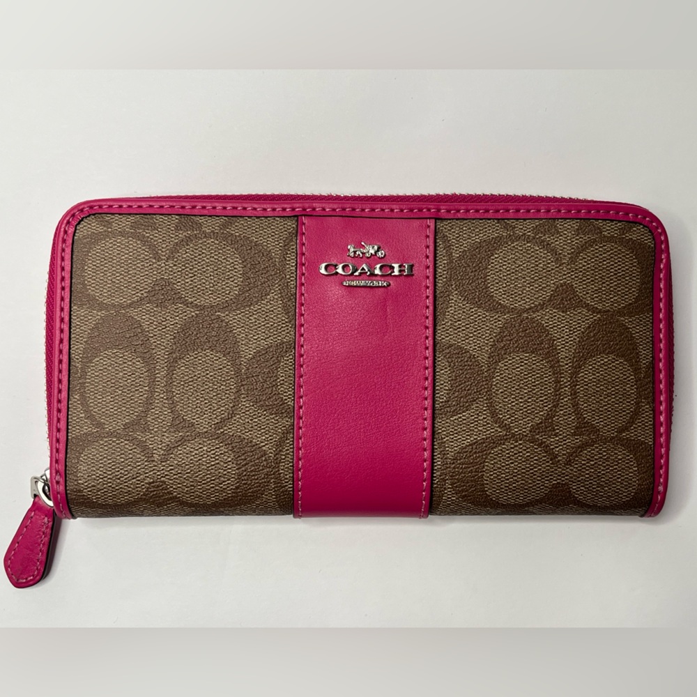 Coach F54630 Signature Accordion Zip Around Wallet Brown Ruby